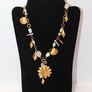 "DB" Gemstone and Gold Tone Shells Link Necklace